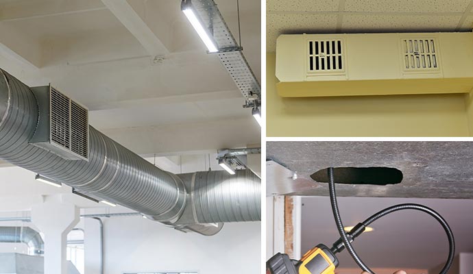 Collage of installed HVAC systems in commercial spaces and air duct cleanup