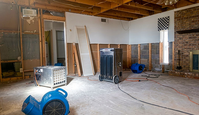 Commercial dehumidifiers and air movers set up for structural drying in a water-damaged room