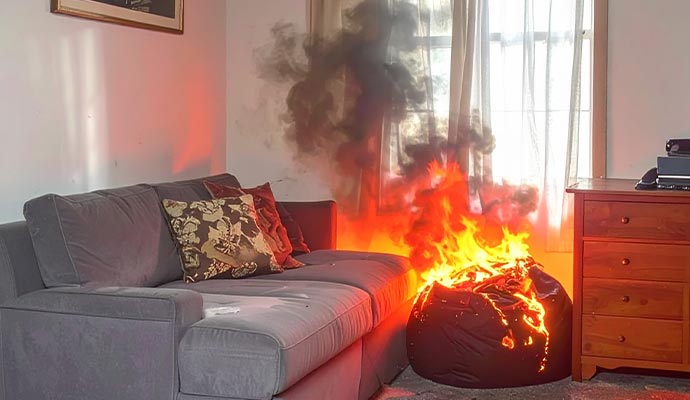 Bean bag on fire inside living room Bean bag on fire inside living room