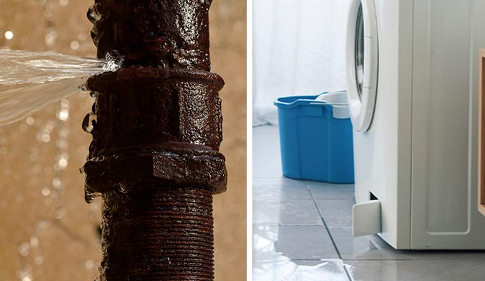 Collage of broken water pipe and leaky appliance