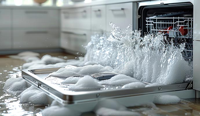 Water and suds bursting out of a malfunctioning dishwasher, flooding a modern kitchen floor Water and suds bursting out of a malfunctioning dishwasher, flooding a modern kitchen floor