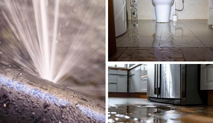 Collage of a burst pipe, flooded bathroom, and leaking appliance.