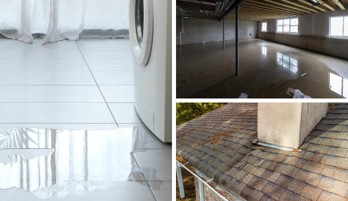 Collage of appliances and roof leakage with water-damaged property