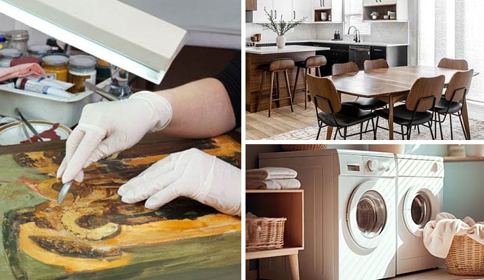 Collage of art, furniture and washing machine