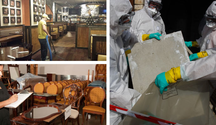 Collage of biohazard cleanup, content restoration, asbestos removal