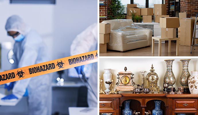 Collage of biohazard cleanup, packed out contents and restored antiques 