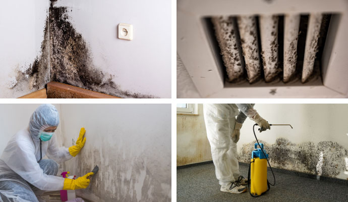 Collage of black mold, HVAC mold, structural damage, and decontamination