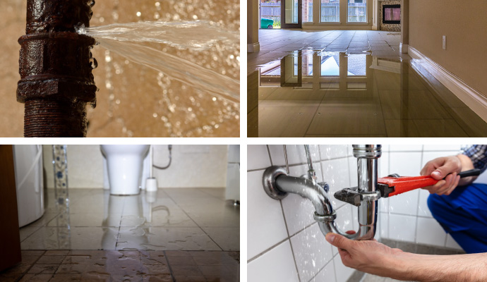 Collage of broken pipe, flood damage, sewage and plumbing leak