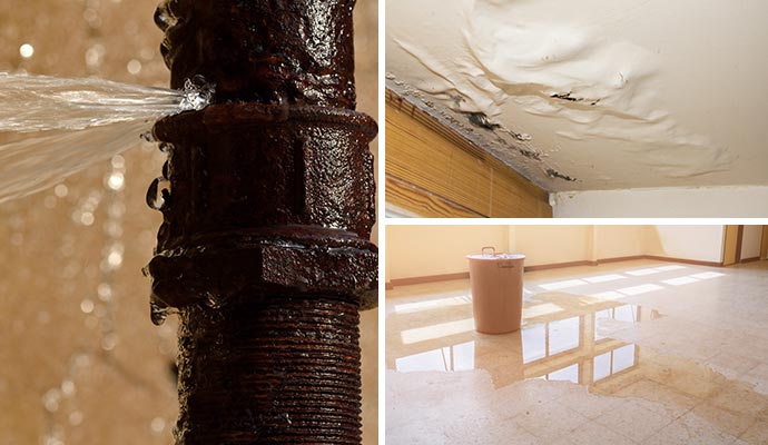 Collage of water leaking from broken pipe, water damaged ceiling and floor water damage Collage of water leaking from broken pipe, water damaged ceiling and floor water damage