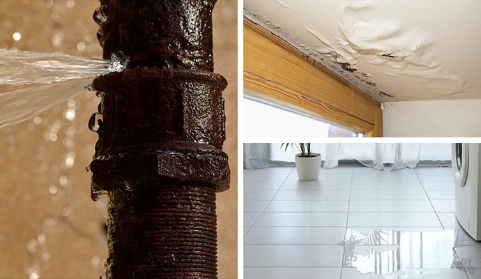 Collage of water leaking from broken pipe, water damaged ceiling and floor water damage