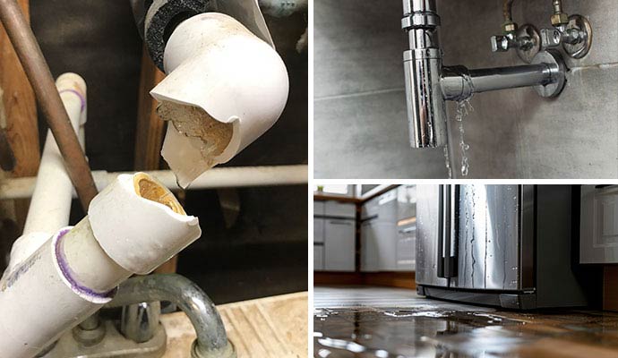 Collage of broken water pipe, plumbing leakage and leaked appliance