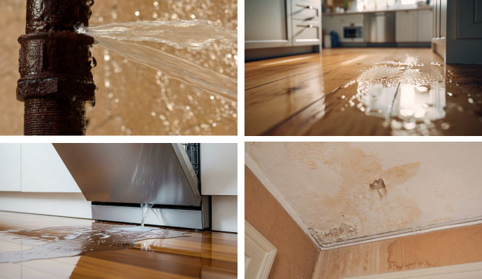 Collage of broken water pipe, water damaged floor, leaky appliance and damaged ceiling