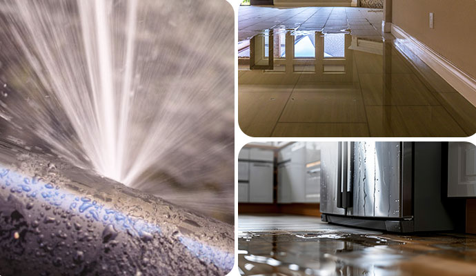 Collage of burst pipe, flooded floor, and leaky appliance