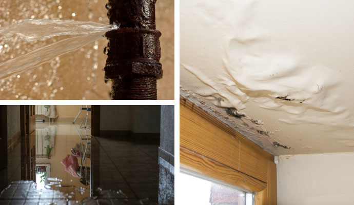Collage of burst pipe, flooded floor, and water-damaged ceiling