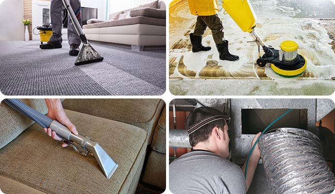 Collage of carpet cleaning, rug washing, upholstery cleaning, and air duct inspection