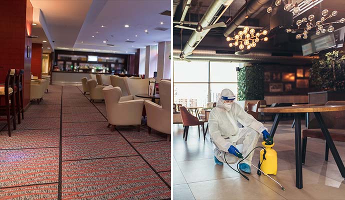 Collage of clean carpet and biohazard cleanup in restaurant Collage of clean carpet and biohazard cleanup in restaurant