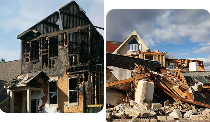 Collage of fire and storm damaged houses
