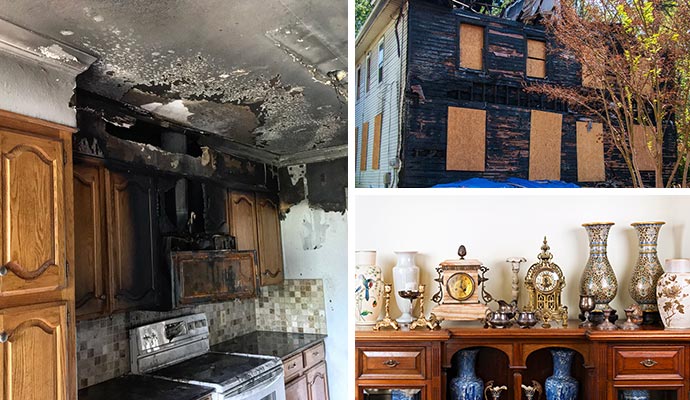 Collage of fire damaged property, boarded-up house and restored antiques Collage of fire damaged property, boarded-up house and restored antiques