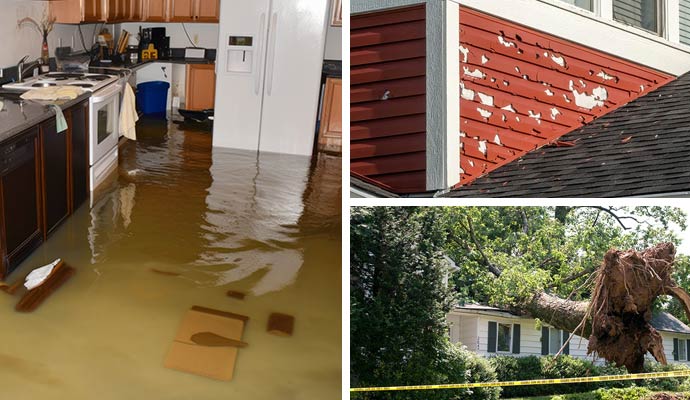 Collage of flood damaged room, hail damage house and storm damaged house.