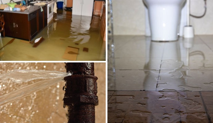 Collage of flood damaged room, water damaged toilet floor and broken water pipe