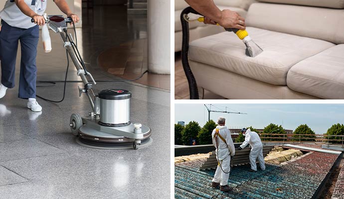Collage of floor polishing, sofa cleaning, and specialized roof restoration.