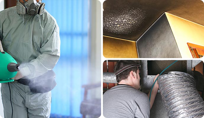 Collage of fogging treatment for smoke odor removal, smoke damaged ceiling and duct system smoke removal