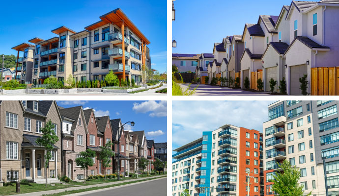 Collage showing apartment complexes, townhomes, fourplex residences, and condominium buildings