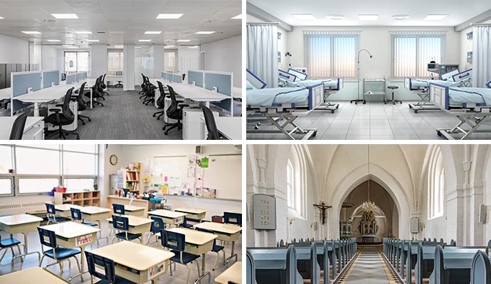 Collage of office, healthcare, school and church