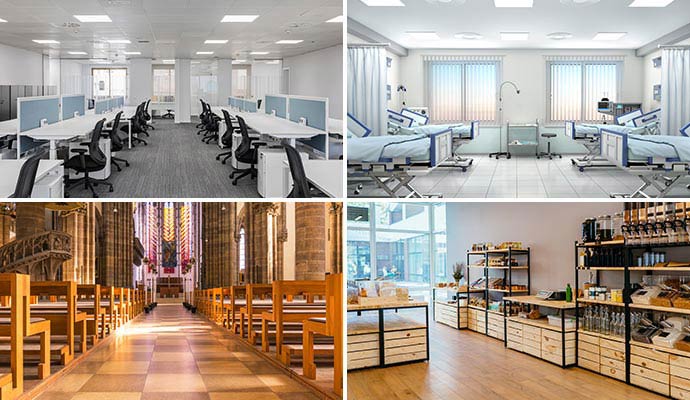 Collage of office, hospital, church and retail shop