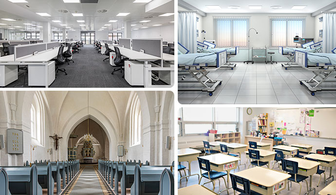 Collage of office interior, healthcare facility, church and school