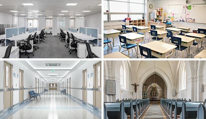 Collage of office interior, healthcare facility, church and school
