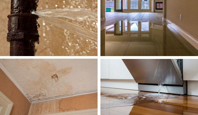 Collage of pipe break, floor water damage, roof and appliance leak