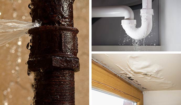Collage of plumbing leak, water damaged ceiling