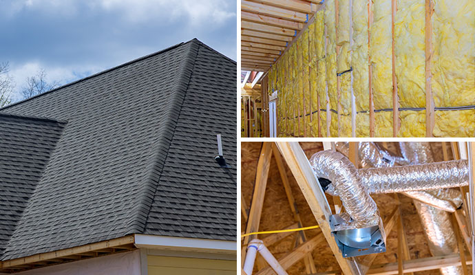 Collage of roof shingles, wall insulation and attic duct containing asbestos