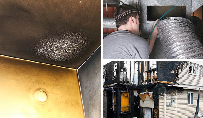 Collage of soot damaged ceiling, air duct cleaning and fire damaged house.