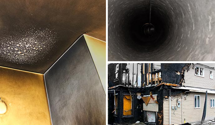 Collage of soot damaged ceiling, soot damaged duct system and fire damaged house Collage of soot damaged ceiling, soot damaged duct system and fire damaged house