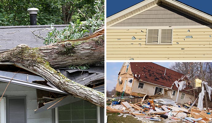 Collage of storm, hail and tornado damaged houses