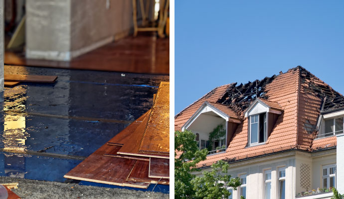 Collage of water and fire damage