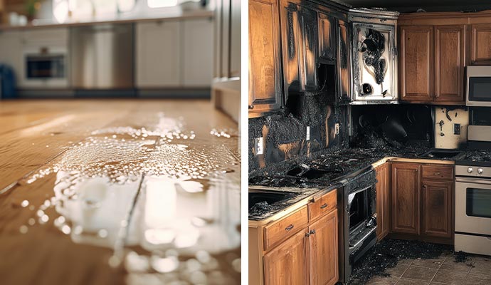 Collage of water damage floor and fire damaged kitchen
