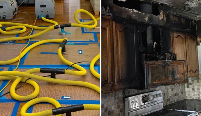 Collage of water damage restoration and fire damaged kitchen