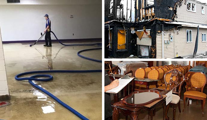Collage of water damage restoration, fire damage house and content restoration service