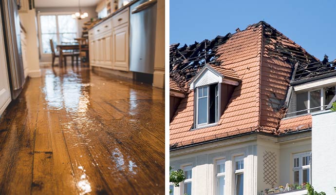 Flooded kitchen hardwood floor and a fire-damaged roof