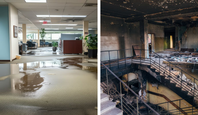 Collage of water damaged floor and fire damaged commercial building