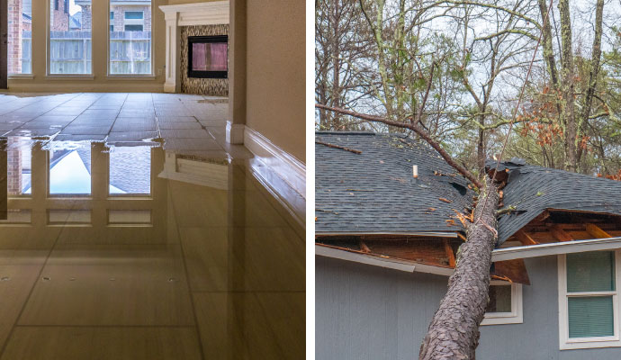 Collage of water damaged floor and storm damaged house