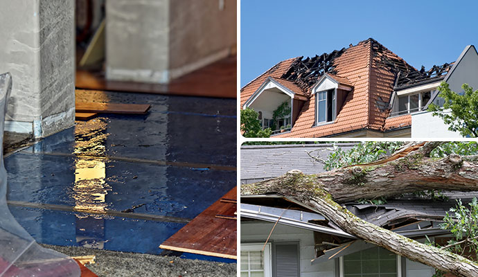 Collage of water damaged wood floor, fire damaged house roof and storm damaged house
