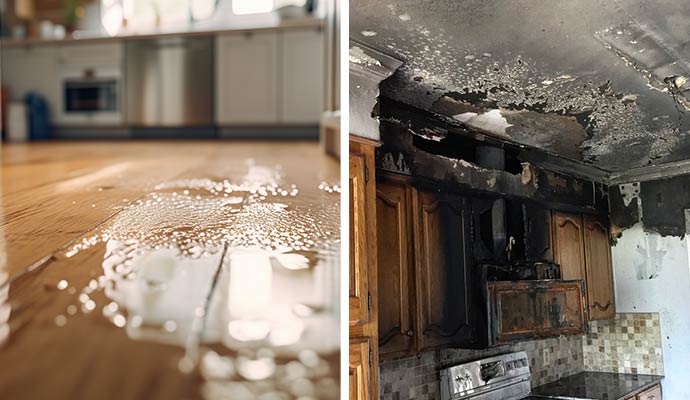Collage showing water damaged floor and fire damaged house.