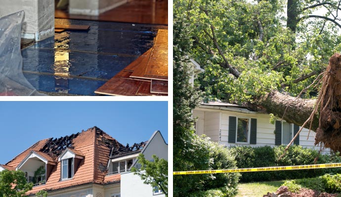 Collage of water, fire and storm damage