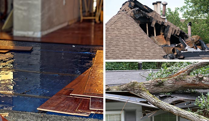 Collage of water, fire and storm damaged properties Collage of water, fire and storm damaged properties