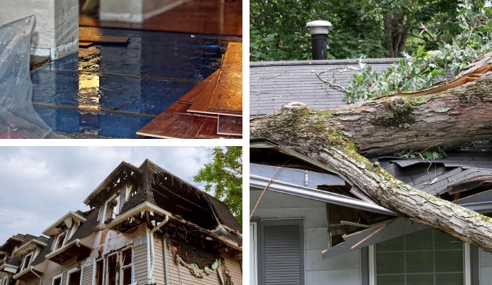 Collage of water, fire and storm damaged property