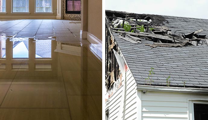 Collage of water flooded floor and fire damaged roof